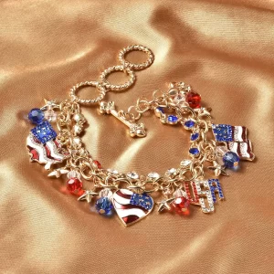 Multi Color Austrian Crystal and Multi Color Glass American Flag Pattern Bracelet in Goldtone (8.00 In)
