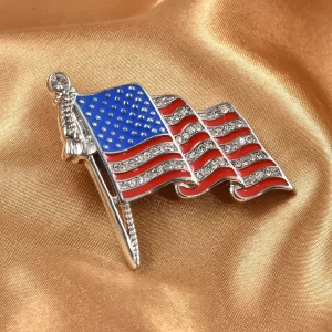 White Austrian Crystal and Enameled American national Flag Brooch in Stainless Steel
