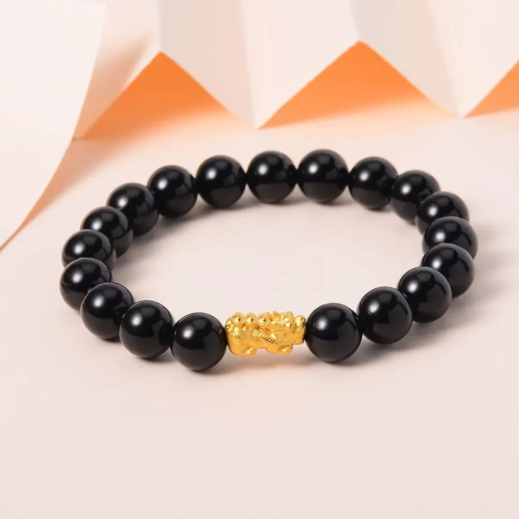 24K Yellow Gold AAAA Black Tourmaline Beaded Stretch Electroform Feng Shui Pixiu Bracelet for protection