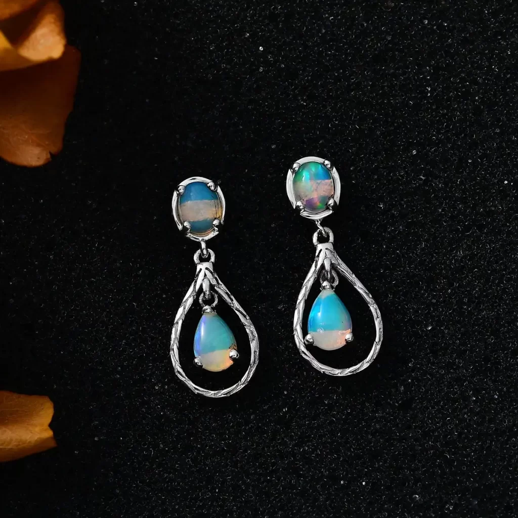 Ethiopian Welo Opal Dangle Earrings in Platinum Over Sterling Silver 