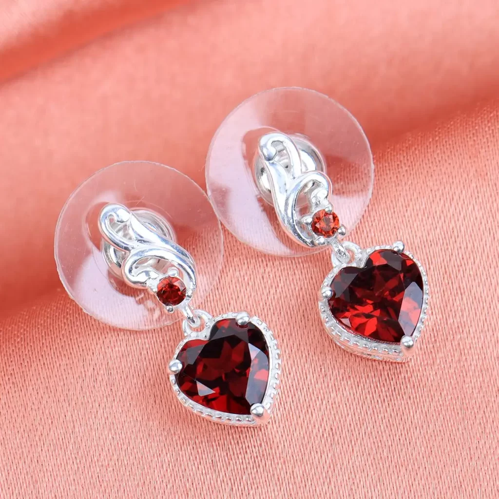 January Birthstone Earrings Mozambique Garnet Heart Earrings in Sterling Silver