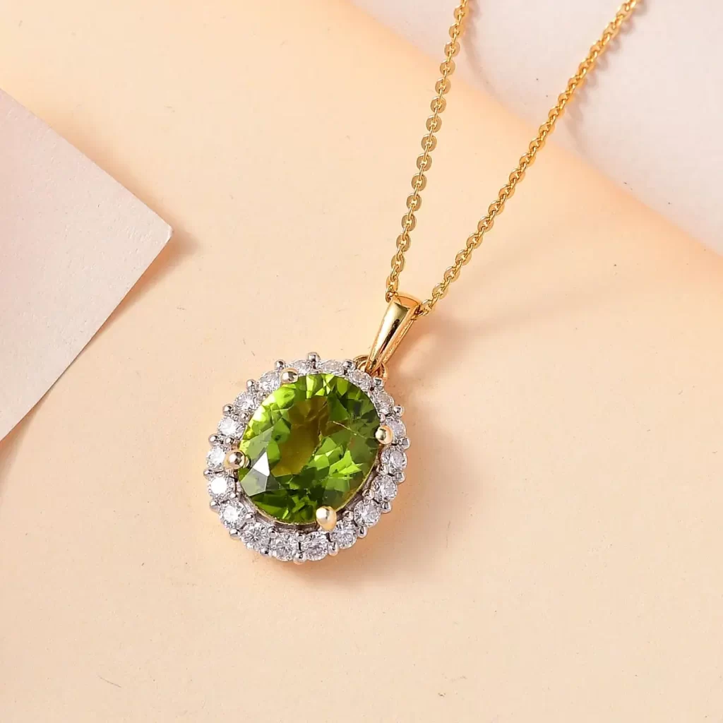 August birth month color green pendant Peridot and Moissanite Sunburst Pendant Necklace